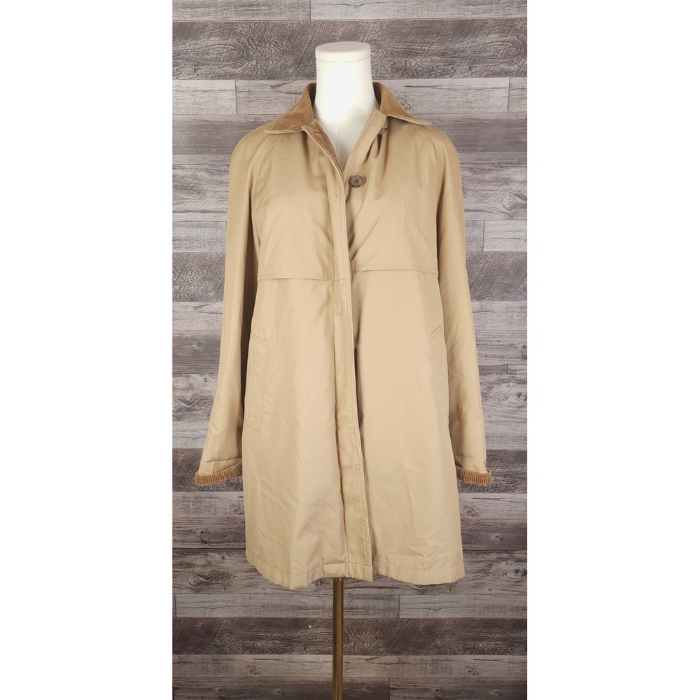 London Fog Vintage Tan Trench Coat Corduroy Trim Plaid Liner Womens 8 Reg
